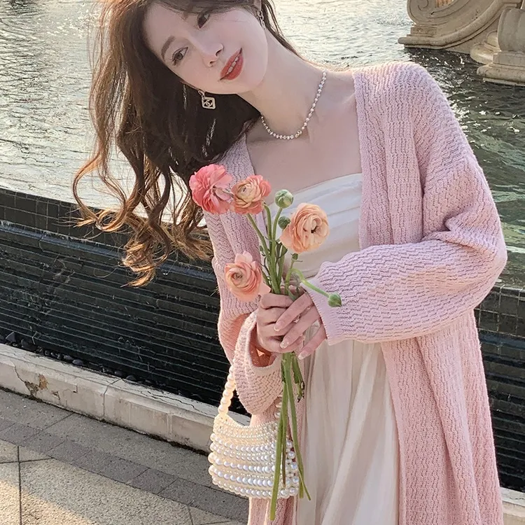 高级感粉色开衫外套女2025夏秋防晒空调衫中长款针织搭裙子上衣薄