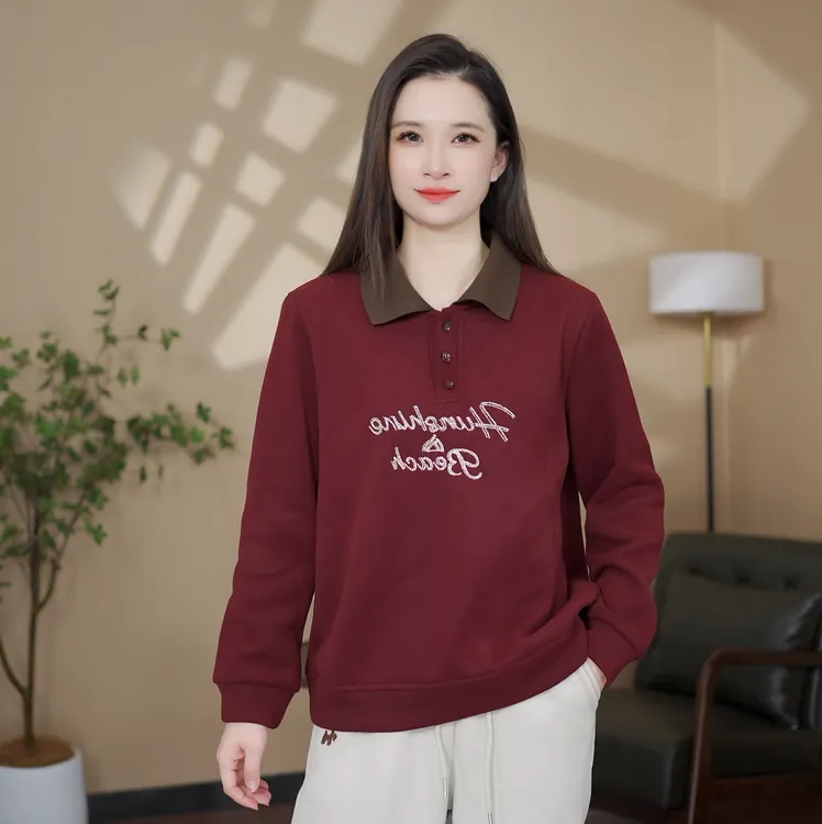 24秋冬翻领撞色重工刺绣时尚休闲卫衣百搭宽松加绒洋气长袖上衣