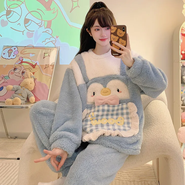 睡衣女款珊瑚绒秋冬季加厚加绒网红爆款保暖法兰绒外穿家居服套装