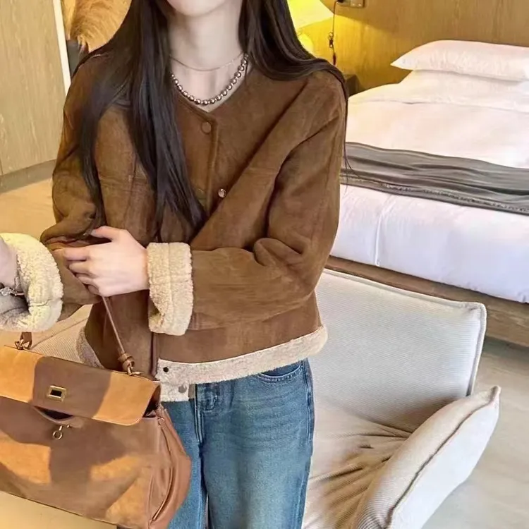 新款加绒加厚无领轻奢小香风外套洋气百搭时尚显瘦女上衣外套