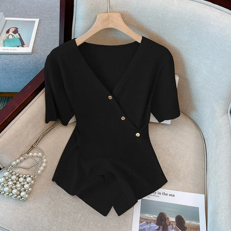 大码微胖MM时尚百搭气质短袖针织衫女夏季新款遮肉显瘦设计感上衣