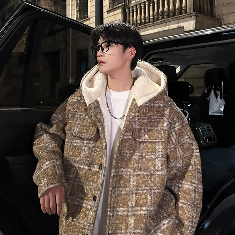 美拉德穿搭连帽外套男冬季加绒加厚格子小香风高级感痞帅呢料夹克