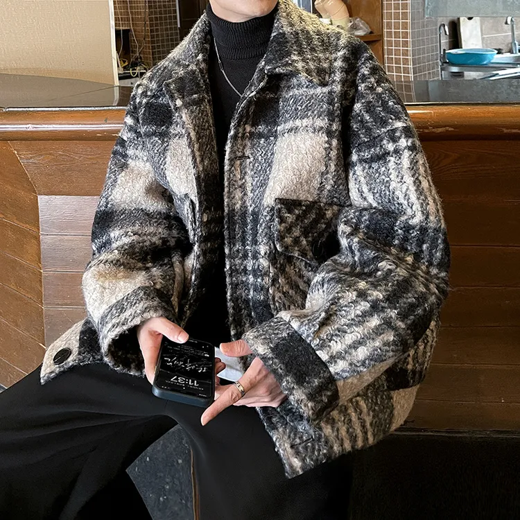 拼色格子毛呢大衣男短款冬季潮牌复古宽松休闲翻领加厚呢子外套男
