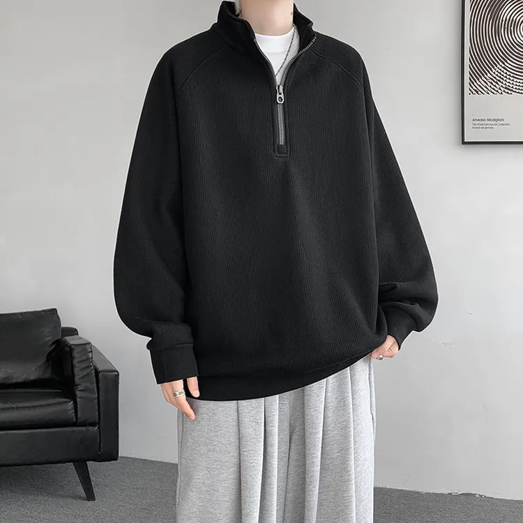 半拉链高领卫衣男春秋潮牌宽松大码打底衫美式复古设计感小众外套