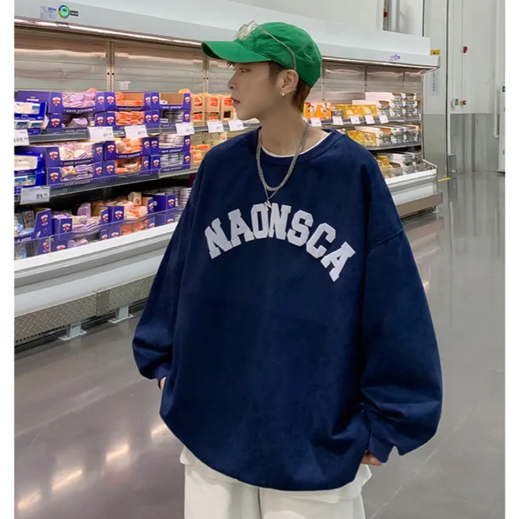 秋冬季男士女生麂皮绒潮牌ins宽松上衣服无帽字母圆领卫衣