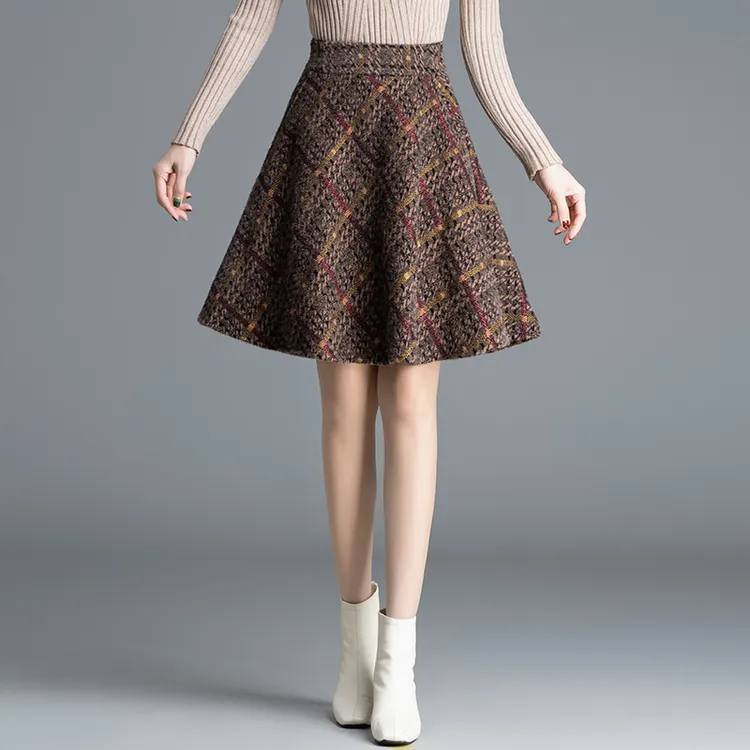 秋冬雪尼尔绒格子裙复古显瘦半裙时尚百搭短裙高腰保暖a字裙90555