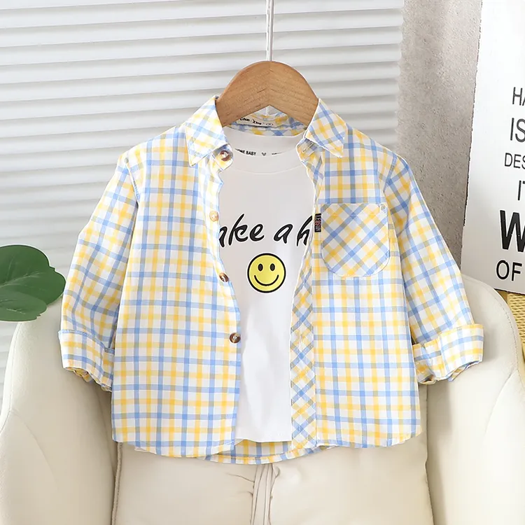 儿童全棉上衣衬衫男童纯棉宝宝柔软衬衣薄款长袖格子童装春秋外套