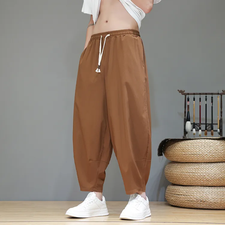 咖啡色冰丝九分裤男夏季薄款中国风阔腿哈伦裤大码胖子宽松运动裤