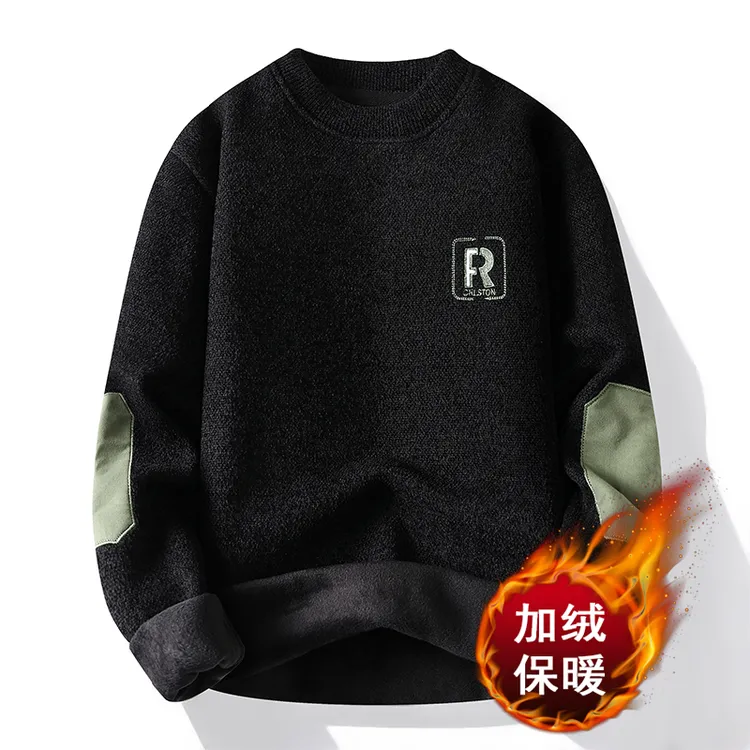 男士加绒毛衣青少年学生加厚保暖打底针织衫秋冬季潮流刺绣线衣服