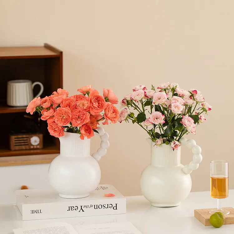 法式创意奶油风手提奶壶陶瓷花瓶客厅餐桌鲜花装饰高级感插花摆件