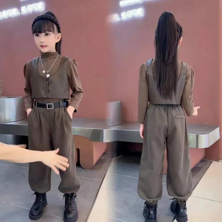 女童洋气秋冬款韩范皮马甲三件套女孩中大童网红炸街