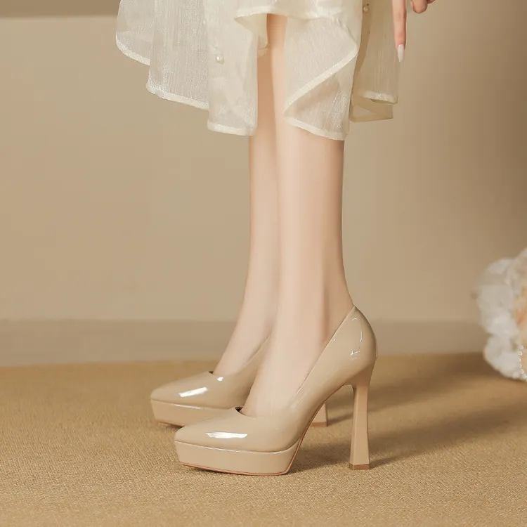 防水台走秀超高跟裸色女职业粗跟2025年新款气质尖头浅口12cm单鞋