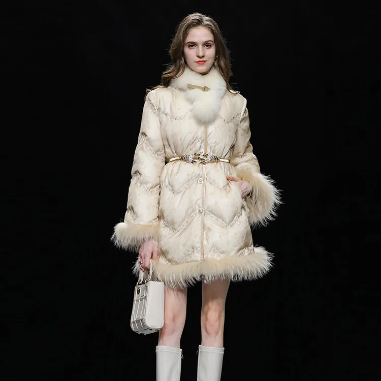 DF-达菲时尚冬优雅蕾丝绣花90白鸭绒羽绒服中长款外套QC10132909