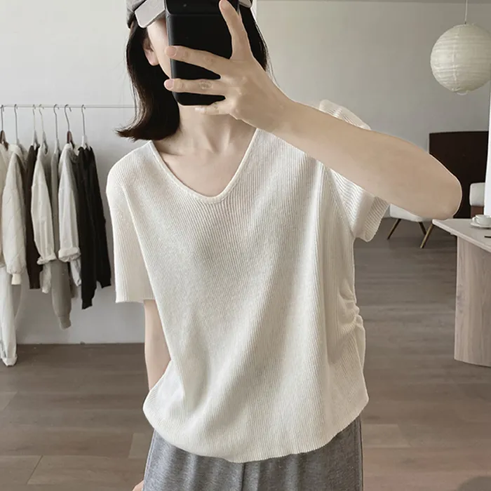 短袖针织t恤女式夏季新款简约褶皱设计上衣韩版减龄基础款打底衫