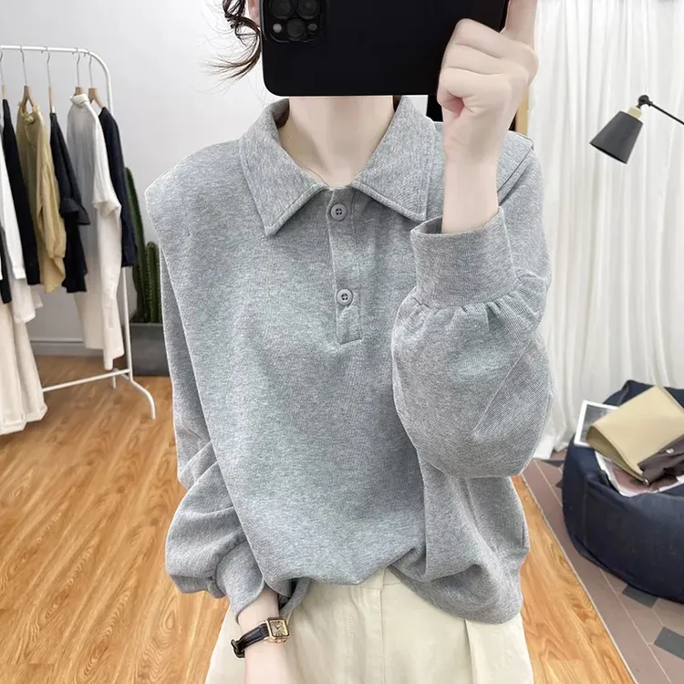 春秋装翻领宽松棉质卫衣女韩系减龄上衣复古纯色polo领套头外套