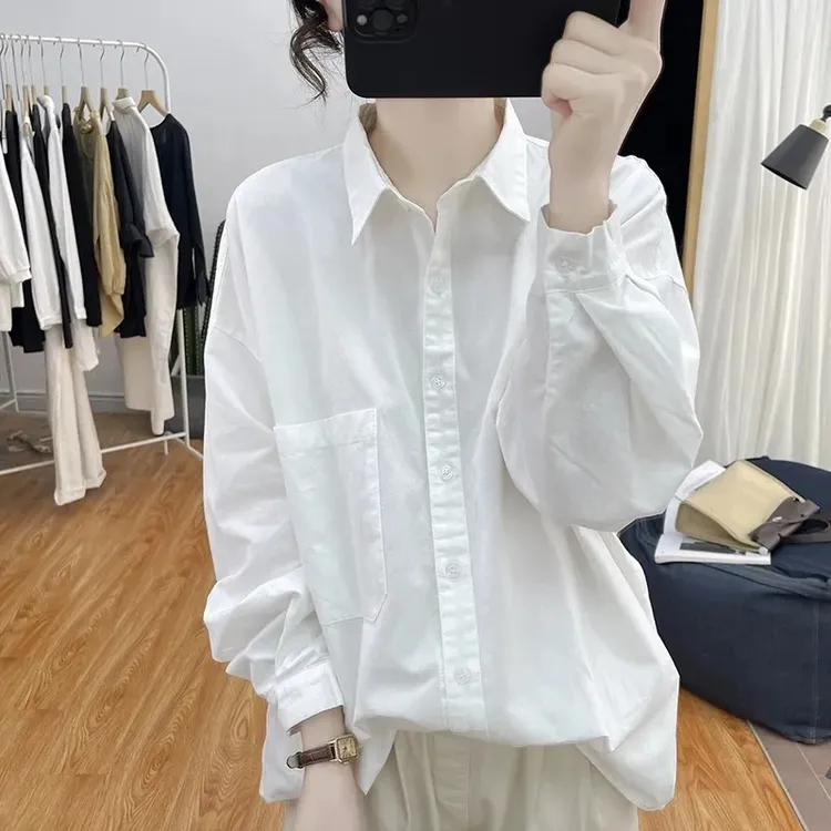 春秋纯棉宽松polo领长袖衬衫女式中长款减龄上衣2024新款打底衬衣