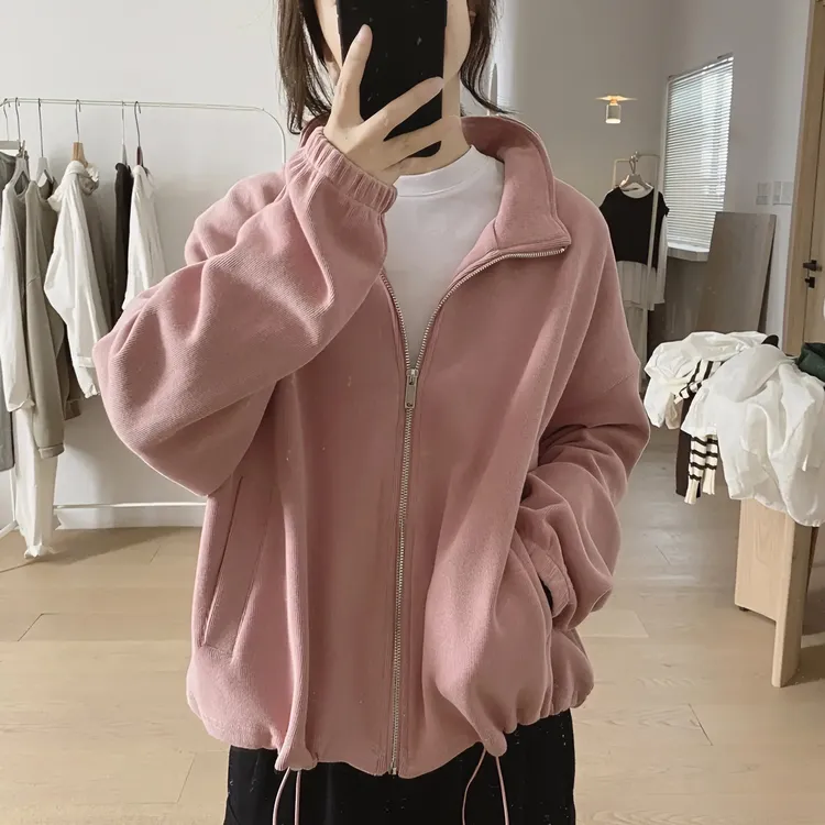 棉质立领外套女士春秋新款宽松显瘦韩版简约拉链设计感开衫卫衣女