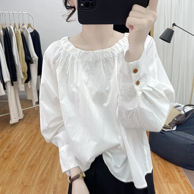 纯棉长袖衬衫女式上衣春秋韩版时尚一字领蝙蝠袖设计感新款休闲