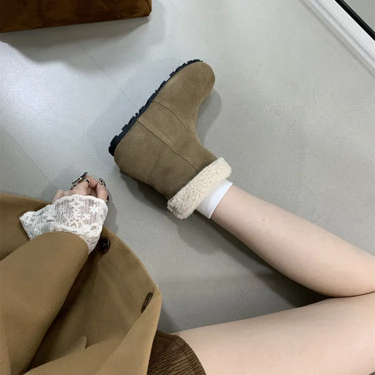 两穿磨砂真皮复古短靴女百搭2024秋冬新款保暖加绒短筒博肯靴显瘦
