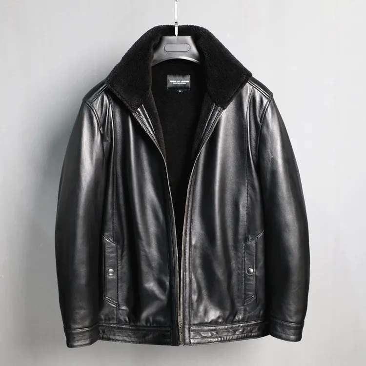 父亲款爸爸装男士加绒加厚外套绵羊皮夹克加厚抓绒暖冬装真皮衣