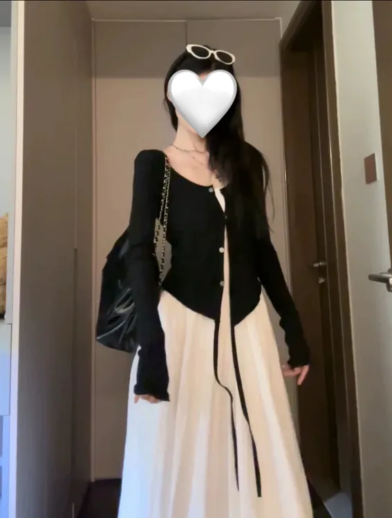 2024新款赫本显瘦叠穿系带长袖开衫女秋显吊带连衣裙套装