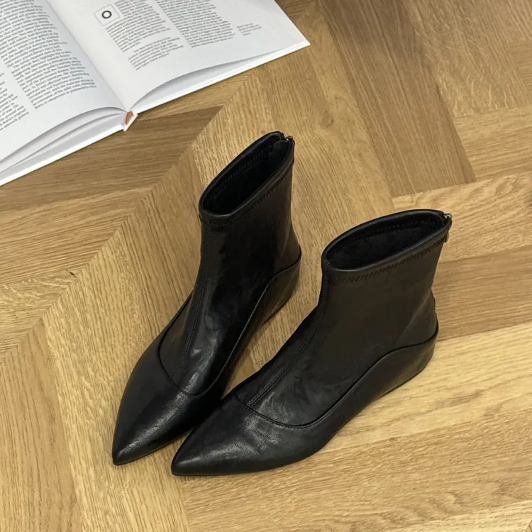 晚睡兰·内增高5cm百搭气质瘦瘦短靴女鞋2024秋冬英伦风复古裸靴女