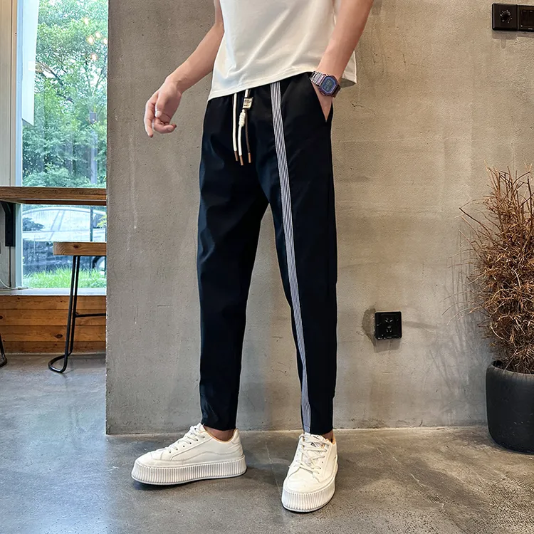 高级感条纹裤子男潮牌男裤韩版修身九分小脚裤夏季痞帅薄款休闲裤