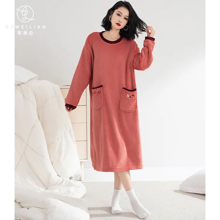 秋冬季法兰绒睡裙女士薄绒家居服可外穿2024新款睡衣裙软绵绵长裙