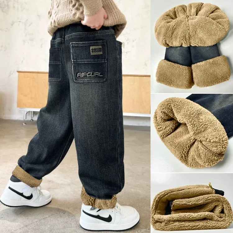 【加厚升级款】冬季羊羔绒加厚保暖中大童休闲软牛仔男童弹力牛仔裤