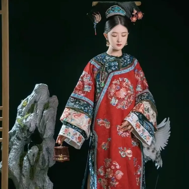 晚清清汉长款缎面长款格格服清代女装清朝氅衣 重工印花宫廷汉服