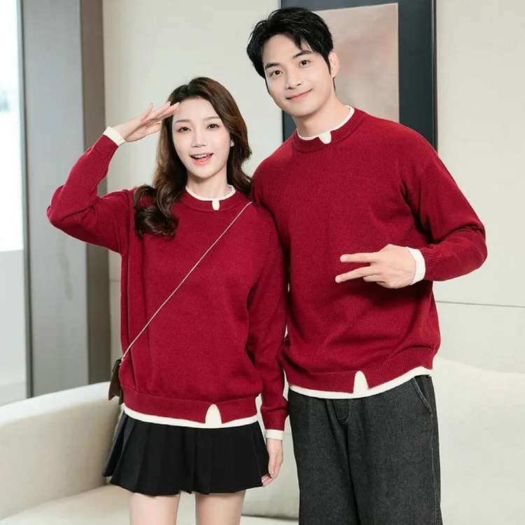 加厚情侣装毛衣双层领男女款上衣韩版宽松打底针织衫假两件秋冬装