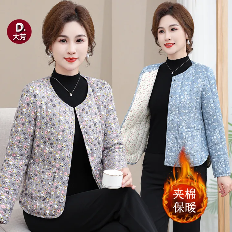 妈妈装短款轻薄棉衣秋冬季夹棉保暖长袖碎花小棉袄中老年女士内胆