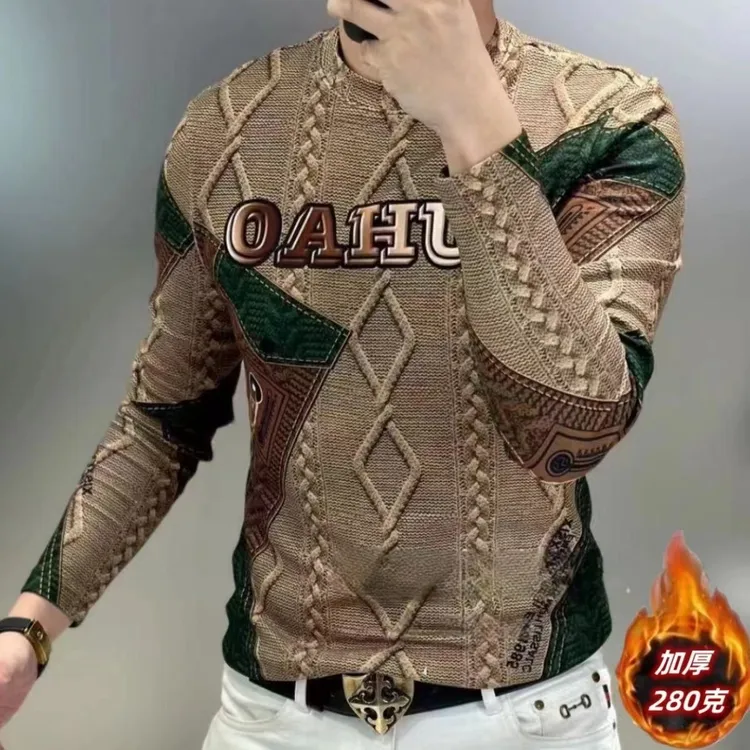 加厚款】德绒男士长袖T恤卫衣印花打底衫轻奢高端潮流时尚修身个性