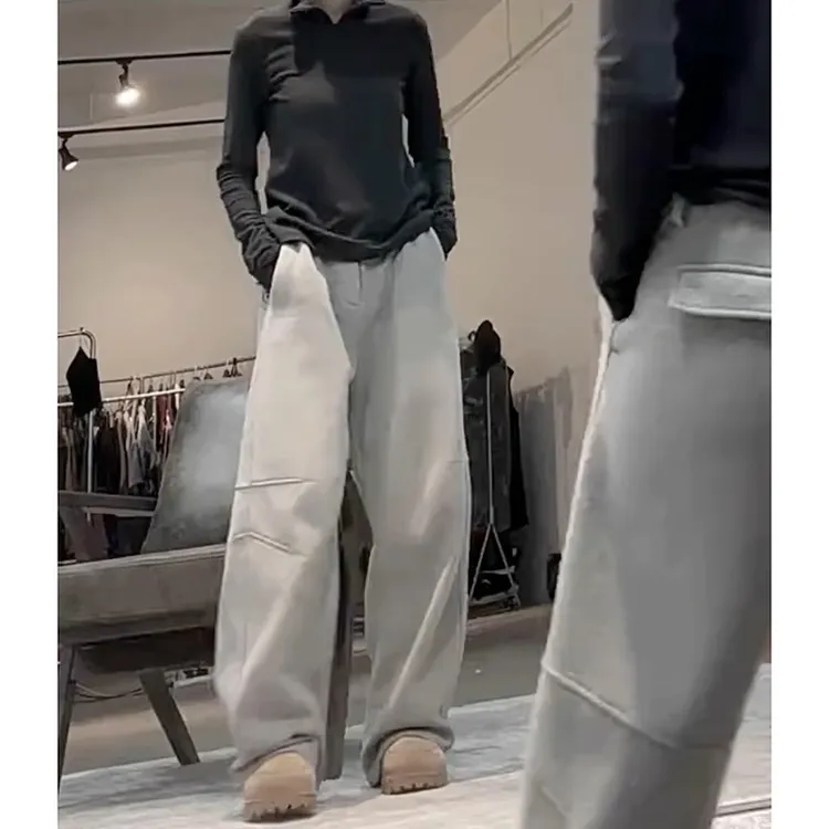 灰色加绒加厚弯刀裤子女款爆款宽松今年流行休闲运动裤阔腿裤卫裤