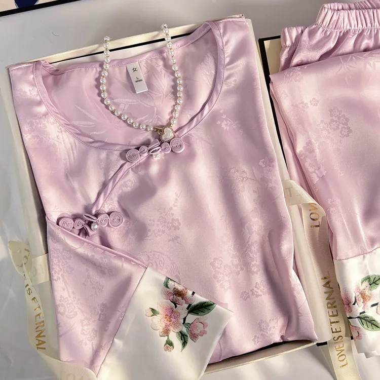 盘扣新中式国风女士冰丝提花薄款嬛嬛复古宫廷风家居服套装夏季