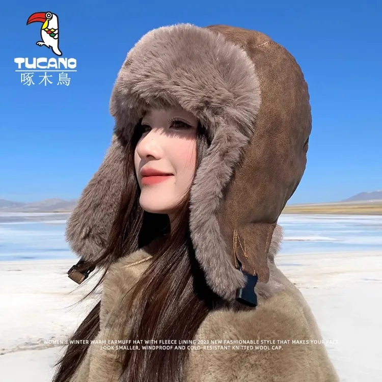 啄木鸟帽子女2025冬季加绒加厚防风防寒护耳帽骑行帽子女冬季保暖