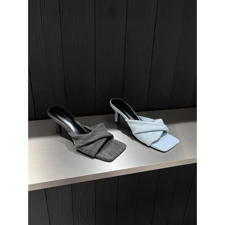 夏季新款牛仔布交叉带方头细跟中跟拖鞋外穿时尚高跟女凉拖气质