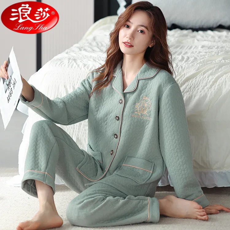 浪莎睡衣女士秋冬季夹层长袖翻领2025新款加厚保暖大码家居服套装