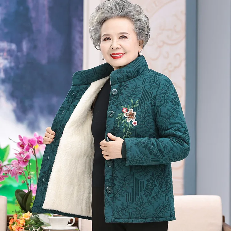 中老年女装加厚棉衣妈妈装短款绣花奶奶装冬装60岁以上老年人外套