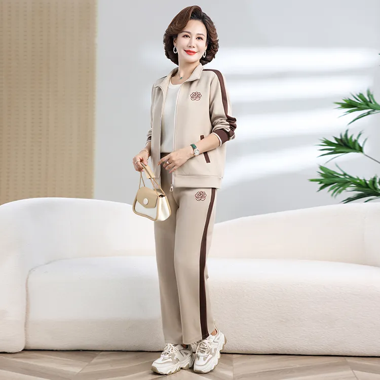 中年妈妈秋装上衣两件套洋气时尚中老年女春秋新款休闲运动服气质