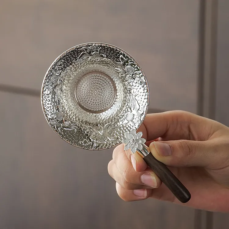 高档锦鲤茶漏过滤器高端纯手工锤纹茶道配件黑檀木把手网红过滤网