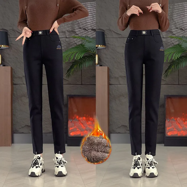 yt冬季新款高腰显瘦宽松百搭加绒加厚弹力牛仔妈妈裤休闲冬直筒长