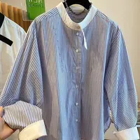 9568撞色圆领长袖衬衫女春秋季新款大码胖mm百搭漂亮独特衬衣上衣