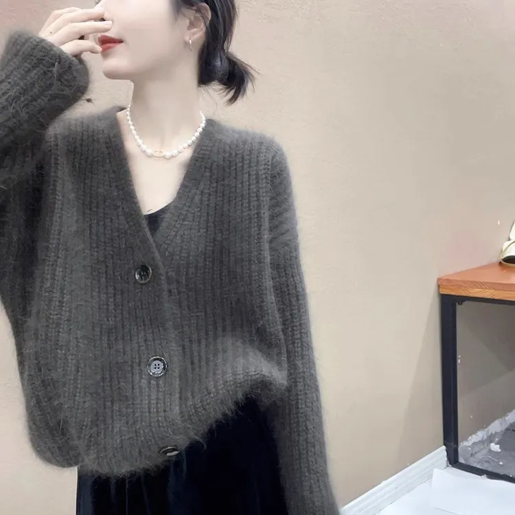 8984秋季时尚慵懒风气质v领针织衫开衫毛衣女洋气显瘦百搭上衣潮