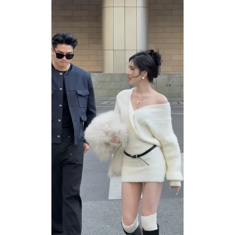 2024秋冬新款纯欲气质环保毛毛开衫外套搭V领针织毛衣连衣裙套装