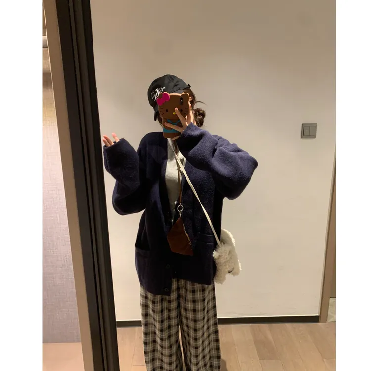 2024秋冬新款藏蓝色宽松毛针织开衫慵懒毛衣外套搭高腰休闲阔腿裤