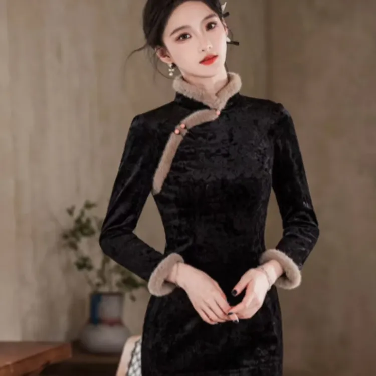 【今喜-烟墨】冬季新款新中式旗袍国风典雅加绒加厚旗袍裙日常穿