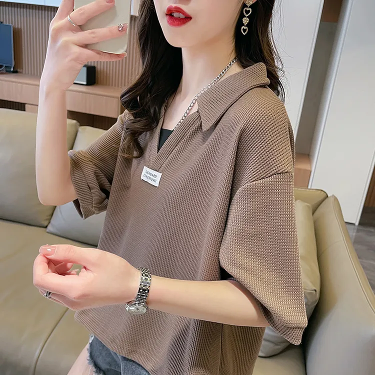 华夫格小个子短款短袖t恤女夏季韩版宽松翻领polo衫假两件上衣服