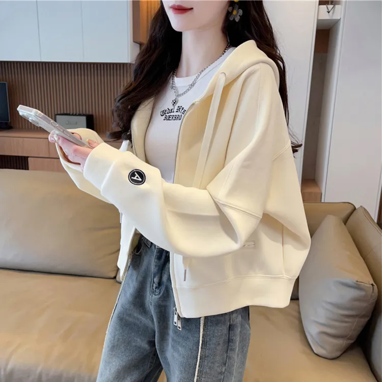 早秋连帽卫衣女2025新款春秋韩版宽松薄款小个子短款简约开衫外套