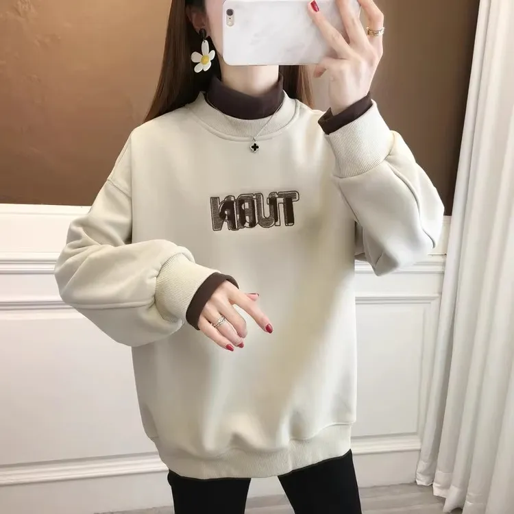 半高领卫衣女2025新款秋韩版宽松加绒加厚撞色拼接假两件上衣外套